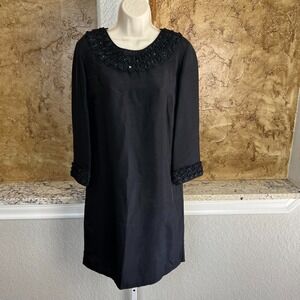 Tory Burch Shift Dress Womens 8 Black‎ 100% Silk Beaded Trim Cocktail 3/4 Sleeve